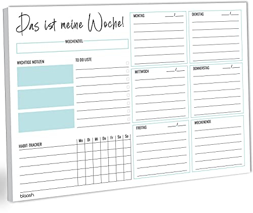 blaash® Wochenplaner Block DIN A4 ohne festes Datum | 50 Seiten Planer mit Wochenübersicht & Habit-Tracker | Wochenplaner für Termine, Aufgaben& Notizen | Organisation & Motivation im Alltag | Blue