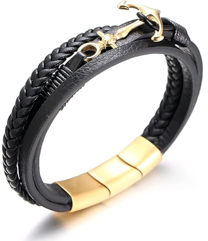 Halukakah Plus ● Segeln ● Herren-Armband Handgefertigt | Echtleder Schwarz | Magnetverschluss Edelstahl in Golden | Wickelarmband 3 Runde | Titan Anker | KOSTENLOS Geschenkbox | 21.5cm-23cm