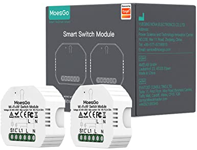 MoesGo WLAN 2.4GHz Smart Alexa Lichtschalter Unterputz Funk Relais, Wireless RF433 Light Switch Modul, Kompatibel mit Smart Life Tuya App, Alexa und Google Home, 1/2 Weg【Neutralleiter erforderlich】