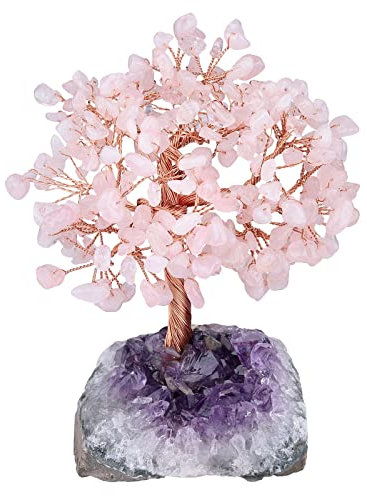 Nupuyai Quarzo rosa albero della vita in pietra su base geodo di ametista naturale, Feng Shui albero di cristallo fatto a mano per la decorazione di interni e Reiki Chakra