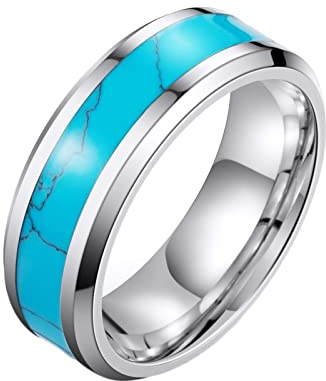 Homxi Goth Ring Herren,Ringe Rund mit Türkis Edelstahl Ringe Herren Blau Silber