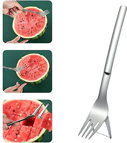 2 in 1 Watermelon Cutter - Stainless Steel Melon Cutter, Watermelon Slicer and Fruit Fork Tool for Family Kitchen Indoor & Outdoor Gadget (Silver - 1pcs)