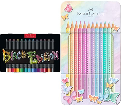 Faber-Castell 116437 - Buntstifte Blackwood, Black Edition, 36er Metalletui & 201910 - Buntstifte Sparkle Pastell, 12er Metalletui