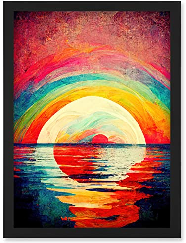 Doppelganger33 LTD Rainbow Sunset At Sea Vibrant Expressionism Artwork Framed Wall Art Print A4