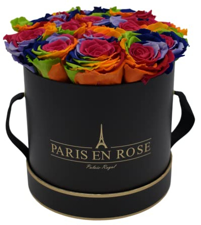 PARIS EN ROSE Rosenbox Rainbow| mit 14 konservierten Infinity Rosen Größe XL | ewige Rose | Regenbogen | runde Box in Schwarz-Gold | 3 Jahre haltbar