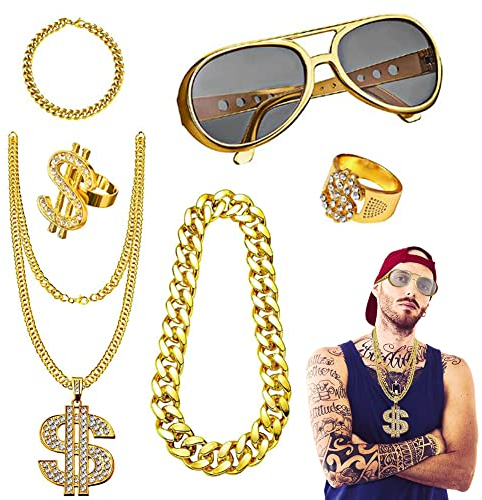 Punvot Hip Hop Kostüm Set, 5 Stück 80er Jahre Outfit Herren Gangster Schmuck 80/90er Rapper Zubehör Dollarzeichen Goldkette Sonnenbrille Goldring Hippie Costume Set 2024 Karneval Kostüm Herren