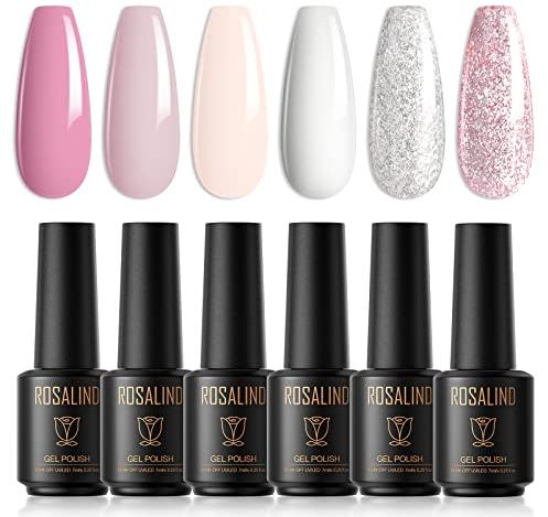ROSALIND Smalto Semipermanente, 6 Colori 7ml Bianco Rosa Glitter Smalto Semipermanente Unghie, Soak Off UV/LED Lampada Smalto Per Unghie Diy Manicure Nail
