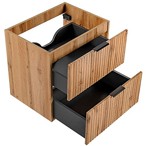 Lomadox Badezimmermöbel Waschtisch-Unterschrank 60cm Wotaneiche mit gerilllter Front Waschbeckenschrank mit 2 Softclose-Auszügen, B/H/T ca. 60/57/46 cm