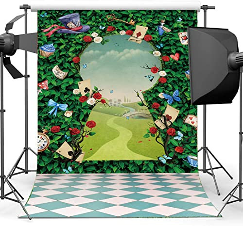 Toile de fond pour photographie de thé au pays des merveilles avec feuilles vertes, rose, chapeau magique, décoration de tableau à damier, accessoire de cabine d'anniversaire pour filles (1,8 x 2,4 m)