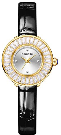 JewelryWe Damenuhr Analog Quarz Armbanduhr Elegant Schmal Trapezförmig Kristall Echtleder Leder Armband Uhr Damen 30m Wasserdicht Geschäft Lässige Uhren für Frauen Mädchen Schwarz
