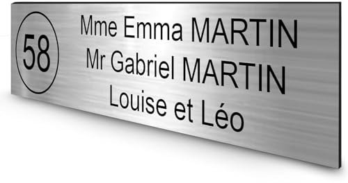 DECOHO - Étiquette Nom + Numéro personnalisable pour boîte aux lettres · 100x25x0,8 mm · Argent lettres noires - 3 lignes - Argent