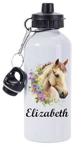 Pickhut Horse water bottle personalised with name pony horse riding gift for girl 600ml water bottle school equesterian gift for her (Design 2)
