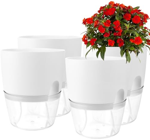 WOPPLXY 4 vasi per erbe aromatiche, 18,2 x 11 x 15,3 cm, autoirrigante, in plastica, colore bianco, per piante da interno, erbe, fiori