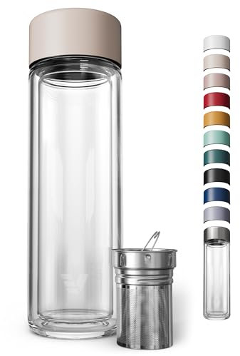 EVER VESSEL Glass Multi Tea Infuser Bottle 14oz - Double Wall Borosilicate Glass Flask | No Plastic Touches Contents | Perfect for Office or Home - Beige
