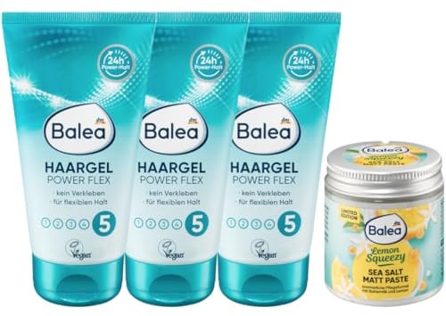 Balea 4er-Set Haarstyling: Haargel POWER FLEX ideal zum Modellieren & Fixieren ohne zu verkleben oder beschweren (3 x 150 ml) + Sea Salt Mattpaste LEMON SQUEEZY für natürliche Looks (75 ml) 525 ml