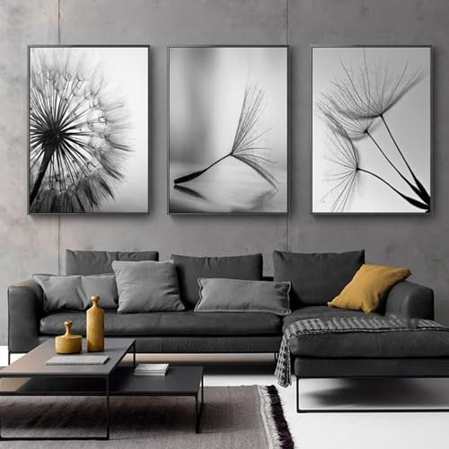 YLHKME Schwarz Weiß Pusteblume Bilder Leinwand Malerei, Modern Wandbilder Wohnzimmer Schlafzimmer Deko Poster Kunstdrucke,Ohne Rahmen (Rahmenlos,3X50X70CM)