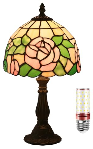 Uziqueif Rosen Tiffany Lampe, 8 Zoll Tiffany Style Tischlampe, Tischlampen für Schlafzimmer Nachttischlampe Arbeitszimmer Office, Metallsockel