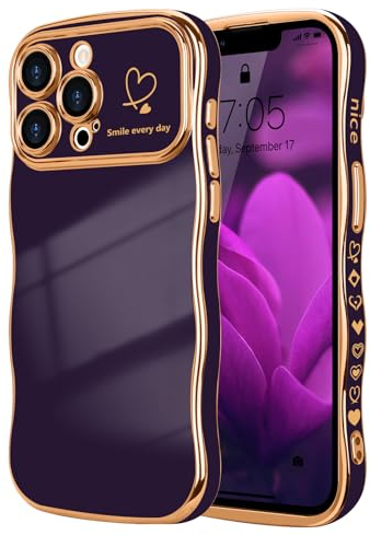 LCHULLE for iPhone 13 Pro Max Case for Women Girls,Cute Curly Wave Frame Shape Love Heart Pattern Phone Case,Raised Camera Protection Plating Shockproof Cover for iPhone 13 Pro Max 6.7,Dark Purple