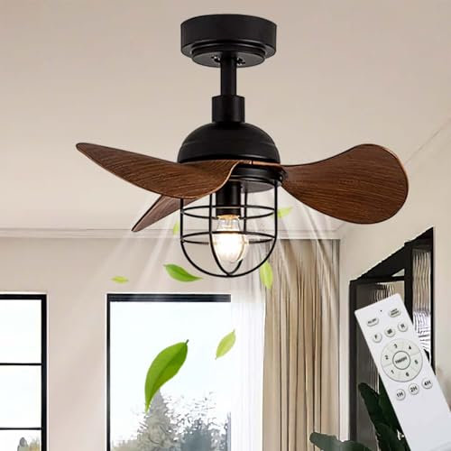 Lrenjon Ventilador De Techo Con Luz Pequeño Negro Silencioso Vintage, Lampara De Techo Con Ventilador Con Mando A Distancia, Ventiladores De Techo E27, Motor Reversible, 2 Varillas 6 Velocidades