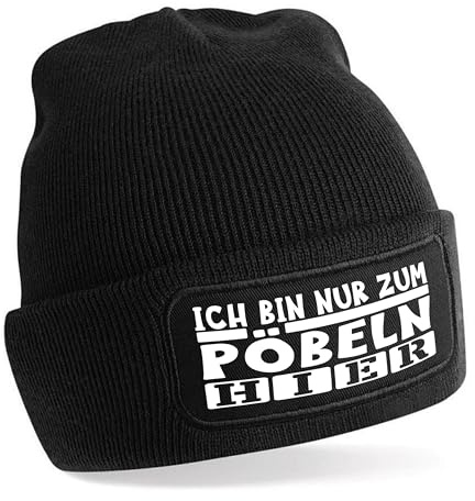 Herzbotschaft Beanie Strickmütze mit Spruch | Ich Bin nur zum Pöbeln Hier | Farbwahl | Unisex SoftTouch angenehm weiche und warme Wintermütze | OneSize Einheitsgröße für Erwachsene