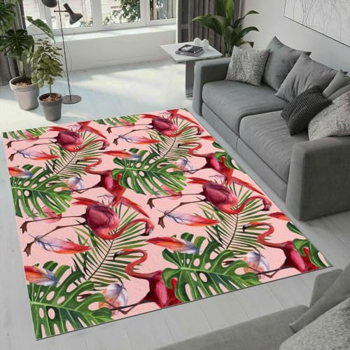 ROUSKI Flamingo Teppich Wohnzimmer Schlafzimmer 3D Muster Design Tropisch Palmblätter Teppiche rutschfest Waschbarer Kurzflor Teppich Grösse 160x230 cm Flauschig Weich Soft Home Outdoor Carpet Matte