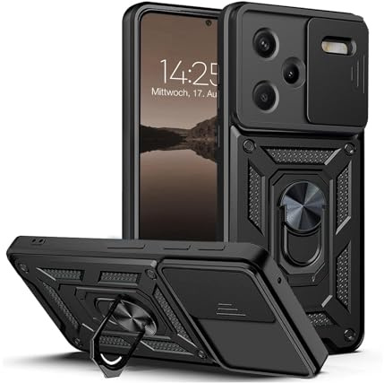 LBH Armor Hülle für Xiaomi Redmi Note 13 Pro+ 5G Case mit Kameraschutz Outdoor Stoßfest Handyhülle 360 Grad Metal Ring Halter Ständer Schutzhülle für Handyhalterung Auto Magnet Schwarz