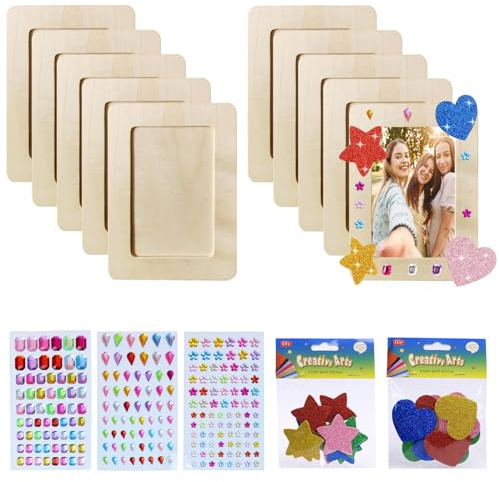 TOATELU 10 Stücke DIY Holz Bilderrahmen Set mit Selbstklebende Glitzersteine, Stern- und Liebesaufkleber für Kinder zum Basteln