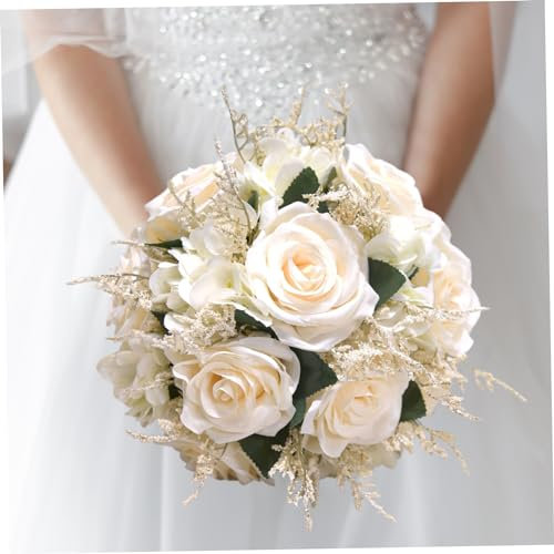 eurNhrN Bouquets de Mariage, Bouquets de mariée Blanc de 9,1 Pouces pour la mariée, Bouquet de Rose Artificiel, Bouquet de Fleurs avec Ruban de Soie pour la cérémonie de la Saint-Valentin