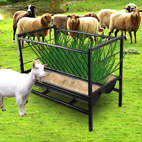 MUALROUS Großes Heuraufe für Ziegen Schaf 2 in 1 Weide-Heu-Getreide-Feeder | Outdoor-Futter-Feeder mit 2 Stück tieferem Futtertrog für Ziegen, Pferd, Kuh, Schaf, Rinder