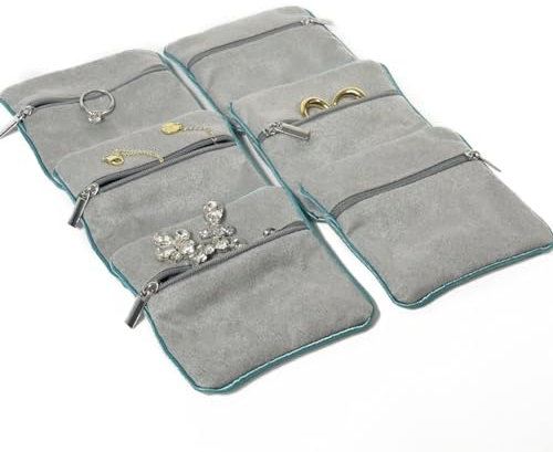 EHERDM 6 gepolsterte Samt-Schmuckbeutel mit Reißverschluss, tragbare Aufbewahrungstasche für Reisen, Damen, Schmuck-Organizer, Beutel für Ringe, Armbänder, Ohrringe, Halsketten