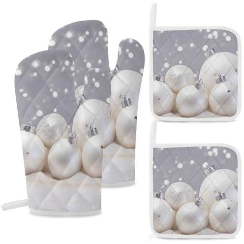 Ofenhandschuhe und Topflappen, 4-teiliges Set, hitzebeständige heiße Pads, weiße Weihnachtsbälle, dicke Ofenhandschuhe, rutschfeste Topflappen, extra lange Kochhandschuhe zum Grillen, Backen, Grillen