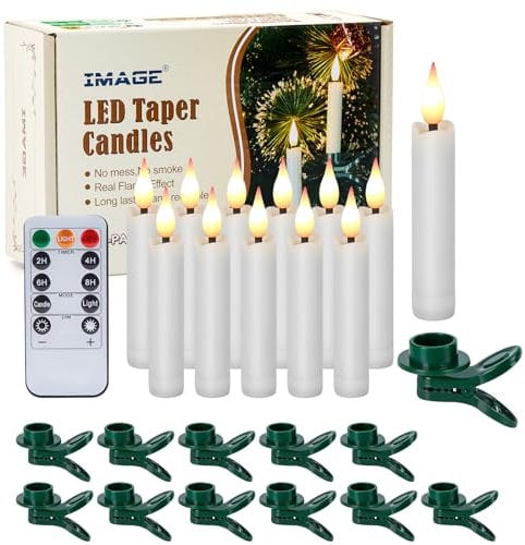 IMAGE 12 PCS LED Taper Candles Light Set, Battery Operated Floating Candles, Flameless, 3D Wick, Ivory, with Clip-on, 10-Key Remote, Timer, Party, Table, Christmas Tree Deco, Warm White Light