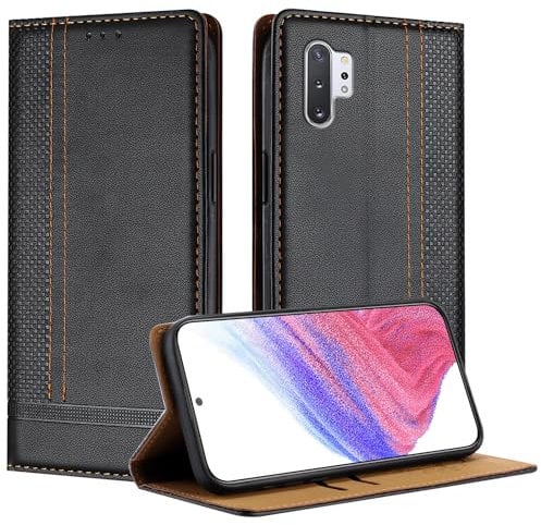 Mo-Beauty Handyhülle für Samsung Galaxy Note 10 Plus, PU Leder Flip Klappbare für Samsung Note 10 Plus mit Standfunktion Kartenfächer Magnet Hülle (Schwarz)