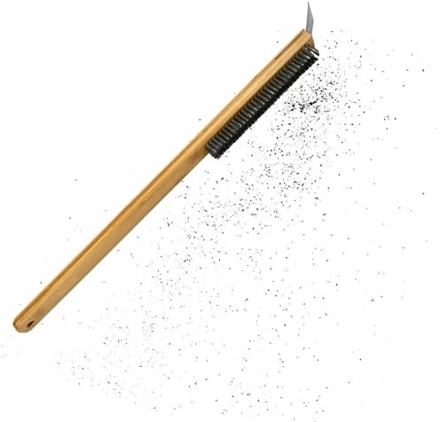 Bürste für Pizzaofen | 57,5 cm Reinigungsbürste für Pizzaofen | Bürste für Pizzaofen mit Schaber | Reinigungsbürste für Pizzastein | Holzgriff Spatel aus Edelstahl