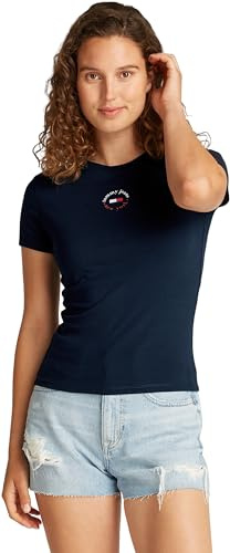 Tommy Jeans Damen T-Shirt Kurzarm Essential Logo Tee Slim Fit, Blau (Dark Night Navy), L
