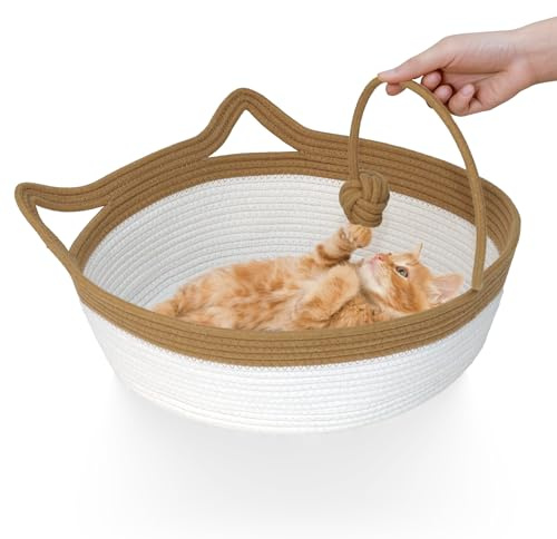 WEAVELYRICS Cotton Rope Woven Cat Bed, Pet Sleeping Bed with a Playing Rope Ball, Foldable Sleeping Basket for Cats, Puppies, Rabbits and Small Pets (Large, Brown & Beige)