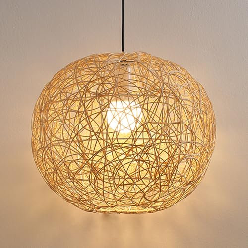 LIGKIN Pendelleuchte aus Rattan Hängeleuchte Boho Kronleuchter Rattan HängelampeVintage E27 Deckenlampe für Schlafzimmer Esszimmer Küche, 30cm