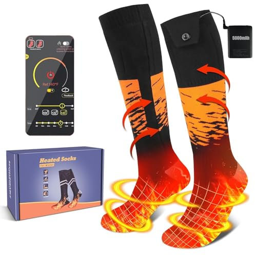 APP Chaussettes Chauffantes pour Homme Femme, USB Chaussettes Chauffantes Bluetooth avec 2×5000mAh Batteries Rechargeables, Chauffe-Pieds Chaussettes Chaudes Électriques (Noir avec Orange)