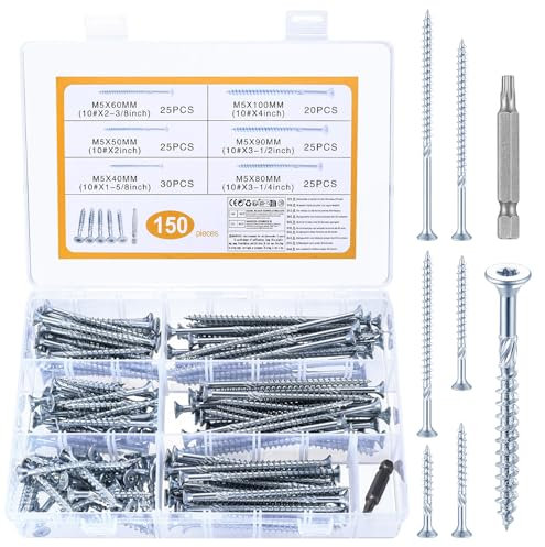 150 Stk Holzbauschrauben, Holzschrauben, Terrassenschrauben mit Torx-Antrieb, Spanplattenschrauben, Senkkopfschrauben, Flachkopf Selbstschneidende Universalschrauben für Dach, M5 (blau und weiß)