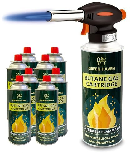 Green Haven Blow Torch for Cooking Attachment Head with 8 Gas - One-Handed Gas Torch with Adjustable Flame & Safety Lock, Fits All Butane Tanks, Ideal for Creme Brulee, Desserts, BBQ, Baking