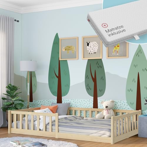 Bellabino Vere Bodenbett 120x200 cm, Massivholz Kiefer, mit Matratze, Natur | Montessori Kinderbett mit Rausfallschutz & Lattenrost, Massivholzbett für Jungen & Mädchen aus Holz Kiefer, Kleinkindbett