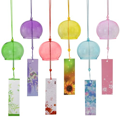 MrMrKura Lot de 6 carillons éoliens japonais en verre coloré avec étiquette faite à la main pour extérieur, jardin, terrasse, décoration d'intérieur (coloré)