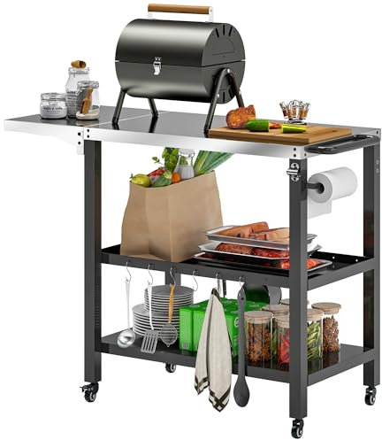 Outsunny Carrito de Parrilla de 3 Niveles Carrito de Barbacoa Carro de Servicio con Ruedas Estantes Encimera de Acero Inoxidable Lateral Plegable y Asa Mesa de Horno de Pizza para Jardín Patio Negro