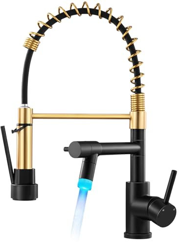 Warmiehomy Robinet de cuisine professionnel LED pivotant à 360° avec douchette extractible, robinet mitigeur à ressort à arc haut pour évier de bar, noir et doré