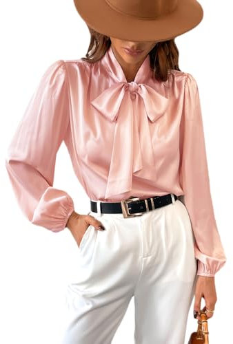 CUPSHE Camicia in raso da donna con papillon a maniche lunghe lucido collo alto da lavoro casual camicette, rosa, L