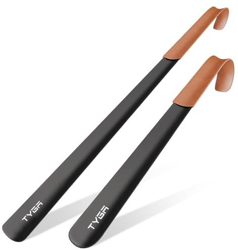 TYGA Metal Shoe Horn, Leather Handle, 42 & 58 cm Set, Pack of 2 | 42 & 58 cm Shoe Horns, For Men, Women & Kids, Helps Slip Shoes On, For Everyday Use, Leather Handle Strap, Easy Grip Design