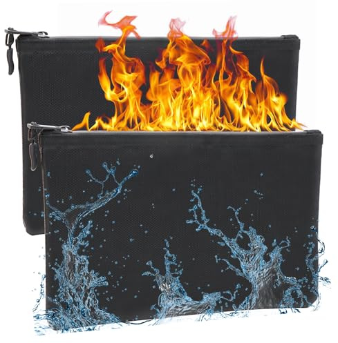ZYNERY 2Stk Feuerfeste Dokumententasche Set – 24×34cm Größen, 4 Lagen Verdickte Wärmeisolierung, Wasserdichte Feuerfeste Tasche aus Silikon-Fiberglas für Dokumente, Bargeld, Passport & Wertsachen