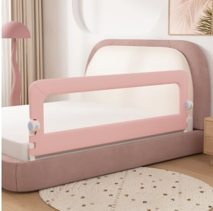 OHMG Barriere De Lit Enfant,Barrière de lit pour Les Tout-Petits,Barrière de Lit Portable Bébé,Barrière de Sécurité de Lit Enfant,Réglable en Hauteur,avec Filet aéré (Rose-150 * 73-86cm)