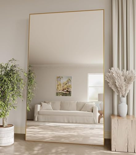 ZenoMirris rechtwinkliger Ganzkörperspiegel, 90x200 cm, Ganzkörperspiegel mit Rahmen aus Aluminiumlegierung, aus gehärtetem Glas, geeignet für Wohnzimmer, Schlafzimmer, Badezimmer usw., Gold