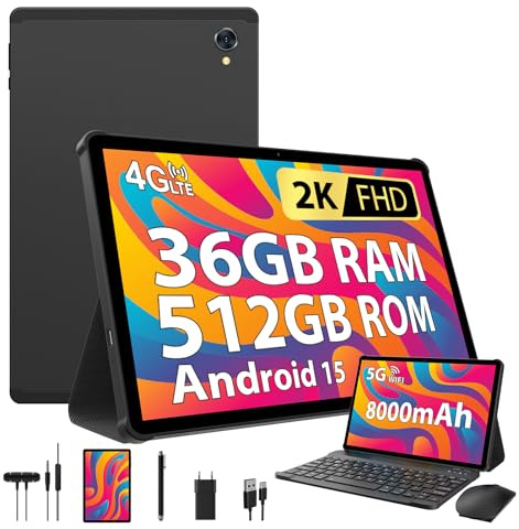 PIXGOOD 2K Android 15 Tablets, 36GB RAM+512GB ROM (2TB TF), 4G LTE+5G WiFi, Tablet 10,6 Pollici, Octa-Core, 2000 * 1200FHD, 8000mAh, 13MP+8MP, GPS, Tablet in offerta con tastiera ect (Nero)
